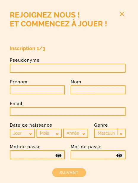 Formulaire d’inscription – création de compte joueur avec e-mail et mot de passe